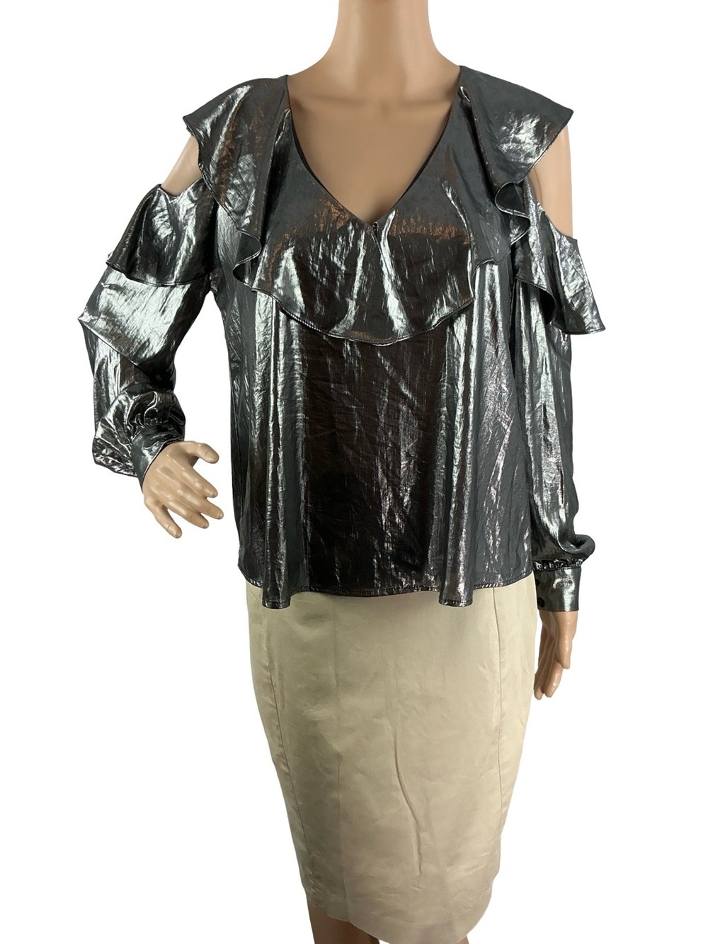 Krisa Metallic Cold Shoulder Ruffle Blouse Silver Size XS